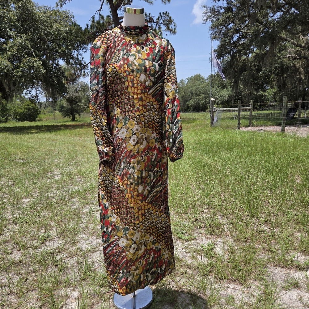 Vintage 1970s Marita by Anthony Muto Metallic Chiffon Long Sleeve Maxi Dress 8?